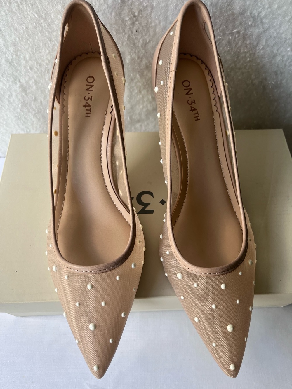 On 34th Mariahh Pointed Toe Sheer Pearl Accent Stiletto Beige Pumps Size 9M